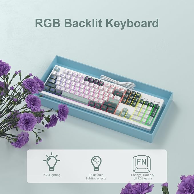 MageGee Creamy KeyboardsK2 Classic Keyboard Wired RGB Backlit 104 Keys Waterproof Ergonomic KeyboardPC Keyboards for PC/loptop/MAC-Geeen
