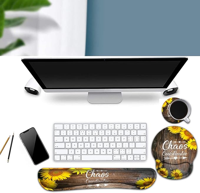 Ergonomic Mouse Pad Gel Wrist Support and Memory Foam Keyboard Wrist Rest Set for Gaming Computer Office Laptop Easy Typing Wireless Mouse Mat Chaos Coordinator Sunflower Pattern Office Desk Pad