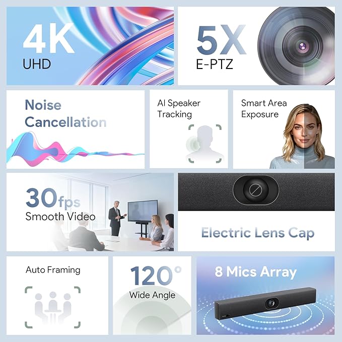 Yealink UVC40 E2 and Expansion Mic (VCM35) HD Video and Audio Conferencing System Bundle for Small to Medium Meeting Room Ultra HD 4K 8 Microphone Arrays AI Auto Framing Full-Duplex