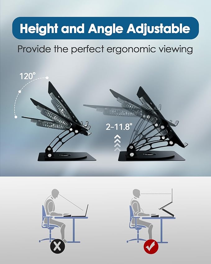 SHUWEI Gaming Laptop Cooling Pad with 360° Rotation Base Ergonimic Aluminum Laptop Cooling Stand with 3 Speed Fan Adjustable Height Laptop Cooling Pad for 10-17.3'' Notebook - Silver
