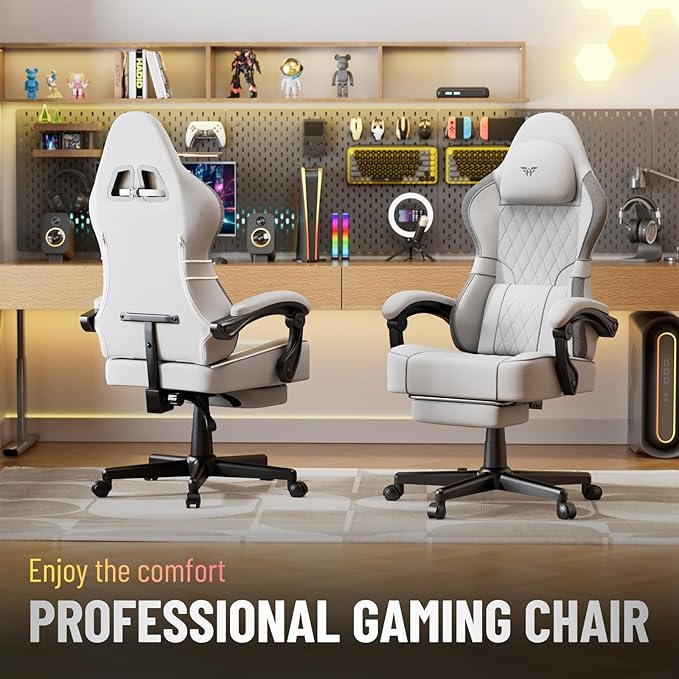 Ferghana Breathable Fabric Ergonomic Gaming Chair with Footrest and Linkage Armrest High Back Computer Game Chair with Massage Lumbar Support for Adult(White)