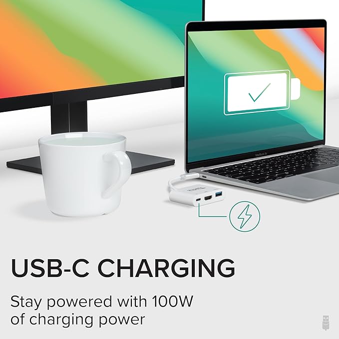 Plugable USB C to HDMI Multiport Adapter Driverless 3-in-1 Hub with 4K HDMI Output USB 3.0 and USB-C Charging Port Compatible with MacBook Chromebook Dell XPS Thunderbolt 3 and More