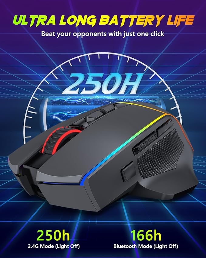 Redragon Wireless Gaming Mouse Tri-Mode 2.4G/Bluetooth/USB-C 7 Programmable Buttons Tactile Rapid Fire Key 8000 DPI RGB Ergonomic Mouse for PC Windows Gaming &amp Work M814