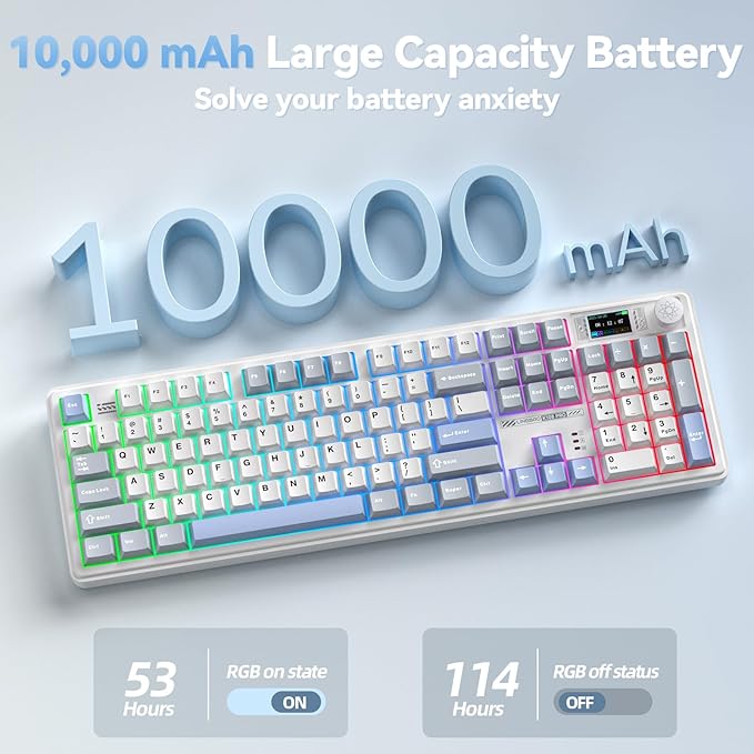 LINGBAO K108 Pro Wireless Mechanical Keyboard with Screen &amp Knob Full Size Creamy Keyboard with Number Pad 10000mAh Battery PBT Keycaps RGB Backlit Hot-swappable Gaming Keyboards