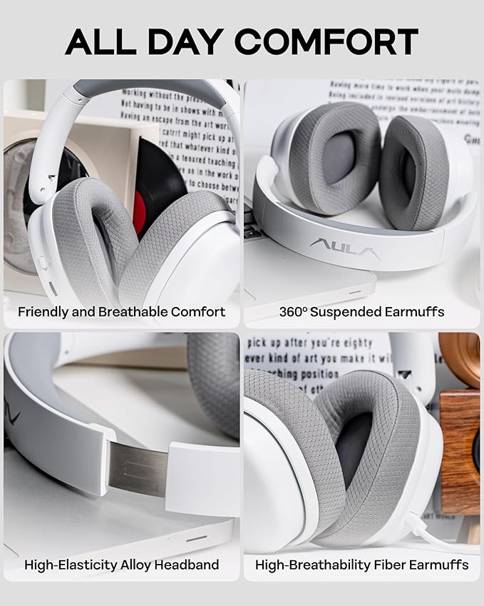EPOMAKER X Aula G7 Pro Wireless Gaming Headset Dual Mode BT5.3 &amp 2.4GHz 7.1 Surround Sound 80+ Hour Battery RGB Light with Noise Canceling Mic for PS5 PS4 Switch PC (White)