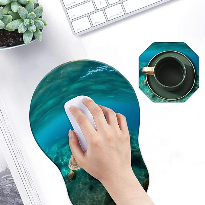 Mouse Pad with Wrist Support Gel Cute Sea Turtle Pattern Design Ergonomic Gaming Mousepad with Wrist Rest for Laptop Computer Home Office Working Mouse Mat + A Cute Coffee Pad