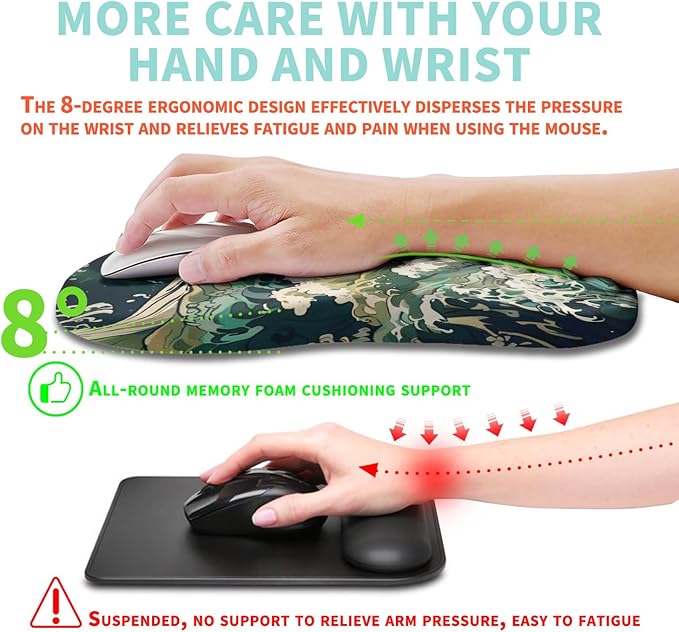 Ergonomic Mouse Pad Wrist Support with Memory Foam Massage Bulge Carpal Tunnel Pain Relief Mousepad Wrist Rest for Mouse(12x8 inch Sea Wave)