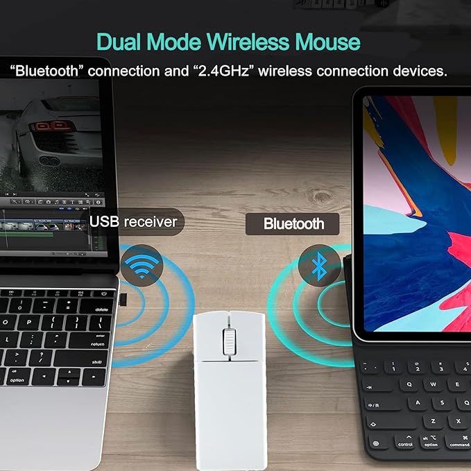 Ultra Small Bluetooth Wireless Mouse Dual Mode (BT+2.4G) Noiseless Rechargeable (with Mouse Case) 1200 DPI Slim and Portable Mini Travel Cordless Mice for PC Computer Laptop (White)