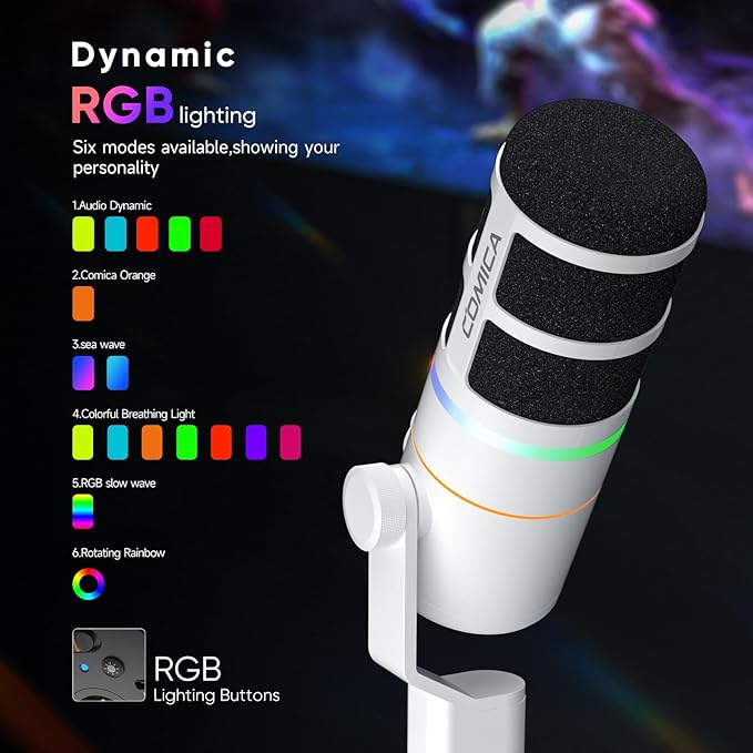 EJoy D10 PRO(D) Wireless USB Gaming Microphone – RGB Dynamic Mic with Wired/Wireless Modes XLR/USB-C Real-Time Monitoring 45H Battery Studio Mic for Gaming Streaming Podcast Recording (White)