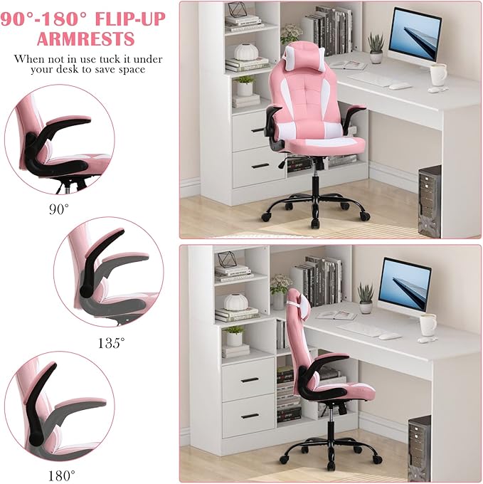 PC Gaming Chair Ergonomic Office Chair High Back Computer Chair with Lumbar Support&amp Headrest Adjustable PU Leather Desk Chair Racing Task Rolling Swivel Executive Chair for Women Pink