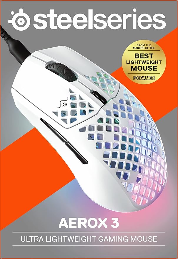 SteelSeries Aerox 3 - Holey RGB Gaming Mouse - Ultra-lightweight Water Resistant Design - 8500 DPI TrueMove Core Optical Sensor - Snow