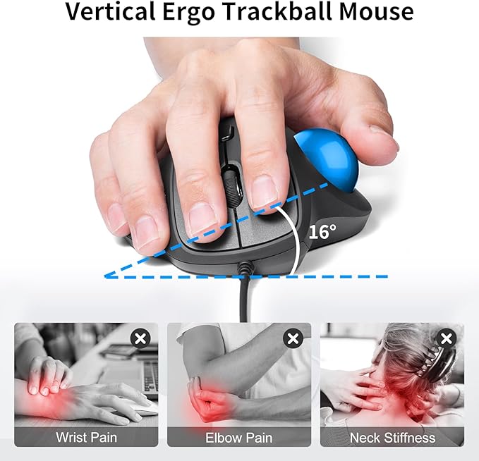 SANWA Wired Ergonomic Trackball Mouse Optical Vertical Rollerball Mice Silent Buttons 34mm Trackball 600/800/1200/1600 DPI Compatible with MacBook Laptop Computer Windows macOS Blue