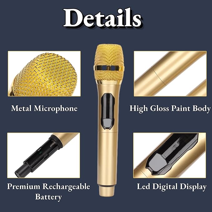 Cuifati Cordless Microphone Dual Digital DynamicMicrophone with Receiver 50m Range 3.5mm AdapterMicrophone with Smart LED Display for Singing Karaoke Meeting Wedding (Gold)