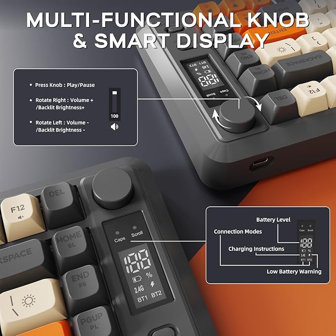 M75 Wireless Gaming Keyboard Mechanical Feel Membrane with Knob &amp OLED Display Bluetooth/2.4Ghz Rainbow Backlit Gradient PBT Keycaps 2000mAH Battery Anti-Ghosting-Dark Grey