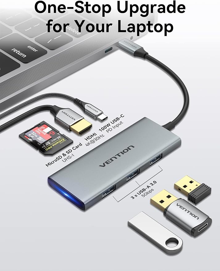 VENTION USB C Hub for MacBook Pro 7 in 1 USB C Multiport Adapter with 4k HDMI 100W PD USB 3.0 Ports SD/TF USB C Dock Compatible with MacBook Air/Pro iPad Pro Surface Dell XPS and More