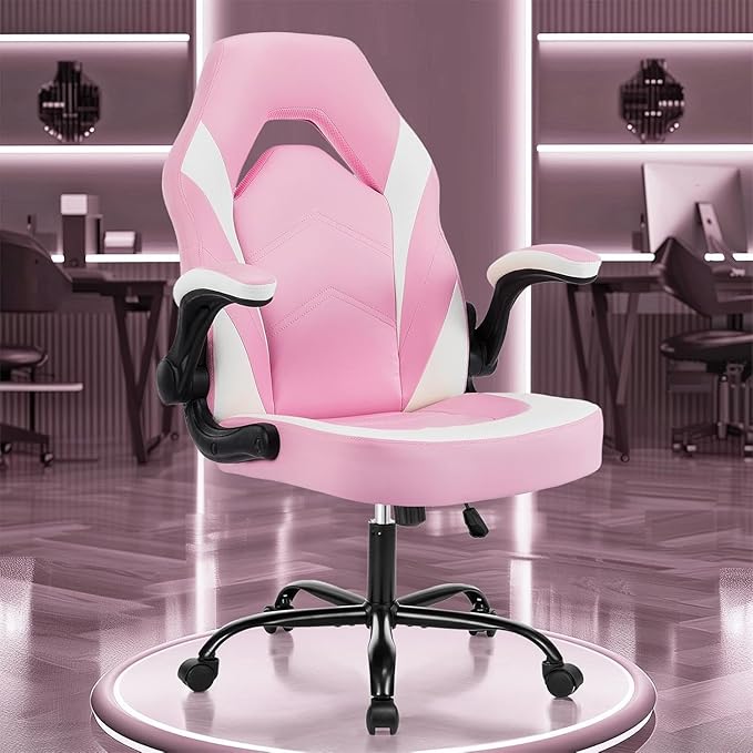 OLIXIS Computer Gaming Desk Chair - Big and Tall Ergonomic Lumbar Support with Flip-up Armrest and 360° Swivel Wheels PU Leather Height Adjustable for Home and Office Pink