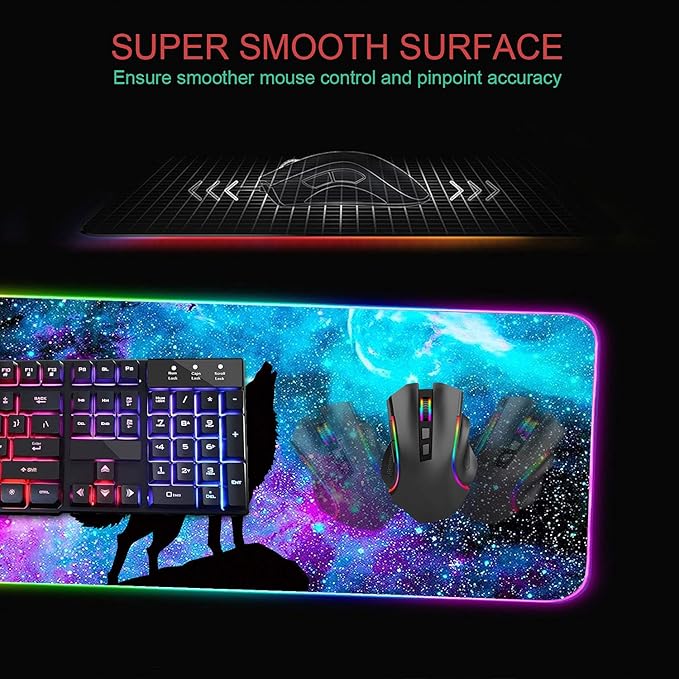 RGB Gaming Mouse Pad with Coffee Coaster XXL Large Glowing LED Mousepad Anti-Slip Rubber Base Computer Keyboard Desk Mouse Mat 31.5 X 11.8 Inch - Blue Galaxy Nebula Wolf