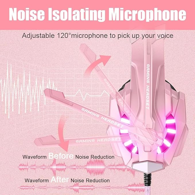 BENGOO G9000 Professional Gaming Headset for PS4 PC Xbox One Controller Noise Cancelling Over Ear Headphones with Mic LED Light Bass Surround Soft Memory Earmuffs for Laptop - Pink