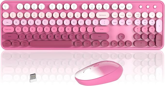 Colorful Wireless Keyboard and Mouse Combo COVEVA 2.4GHz Wireless Retro Cute Round Keycaps Keyboard 104 Keys Full-Sized Keyboard Mouse Set with Switch Button for PC Laptop Desktop (Pink Gradient)
