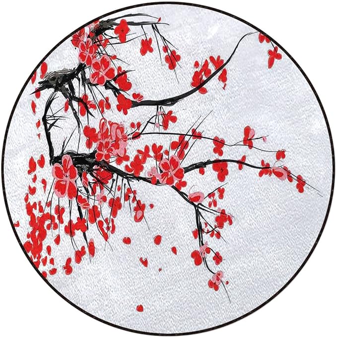 Gaming Chair Mat for Hardwood Floor Anti-Slip Floor Protector Game Controller Rubber Gaming Computer Chair Mat Floral Japanese Cherry Blossom Vermilion WhiteDiameter 48 in