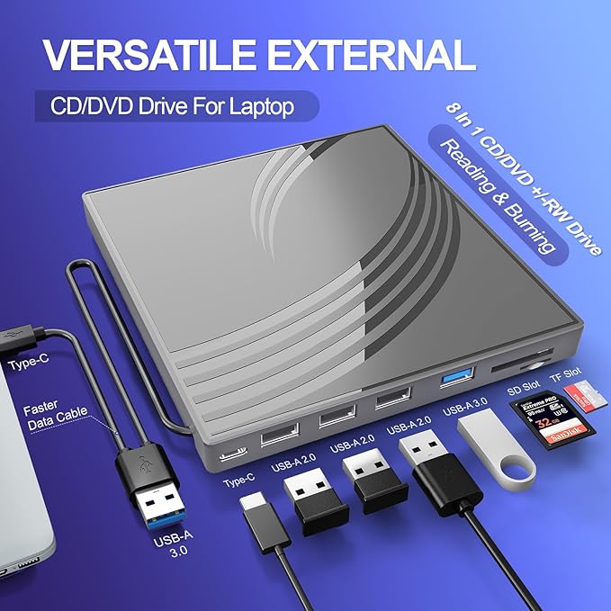 External CD/DVD Drive for Laptop Ultra Slim CD Burner USB 3.0 Hub with 4 USB Ports 2 TF/SD Card Slots 1 Type-C Port Laptop DVD Player with Case(Gray)