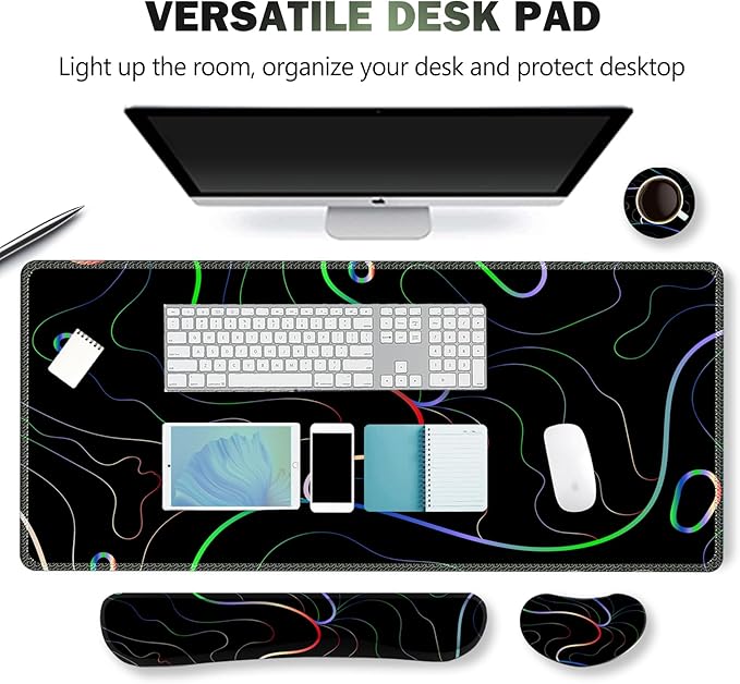 ARTSO Gaming Mouse Pad Wrist Support Set XXL Large Desk Mat Mousepad + Keyboard Wrist Support+ Mouse Wrist Rest+Coaster 4in1 Ergonomic Memory Foam Stitched Edge for Home Office -Colorful Lines
