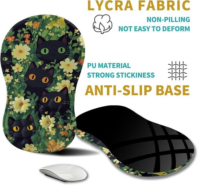 Hokafenle Ergonomic Mouse Pad Wrist Support Wrist Rest Mousepad for Carpal Tunnel Pain Relief with Integrated Memory Foam Slope Massage Bulge (11.8x7.9 inchCute Cat