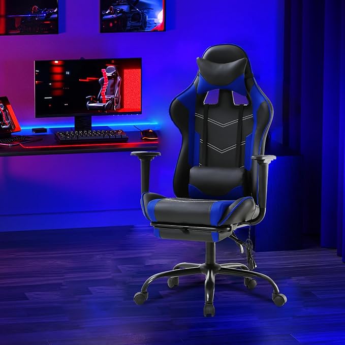 PayLessHere Racing Gaming Chair Office Massage Chair Ergonomic Recliner with Computer Desk PU Leather Lumbar Support Footrest Rolling Swivel and Task Function Ultimate Comfort for Adults (Blue)
