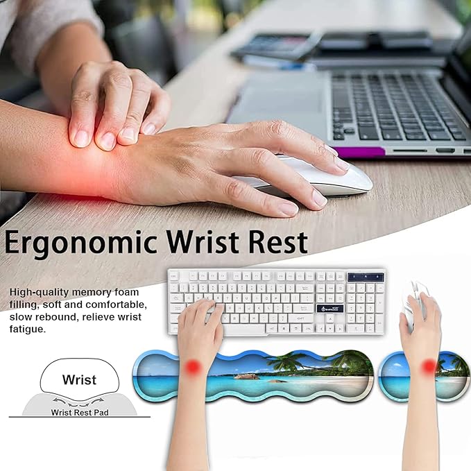Gaming Mouse PadLarge Mouse Pad with Stitched EdgeNon-Slip Base Office Desk Pad Ergonomic Keyboard Wrist Rest SetWaterproof Writing PadBeach and Coconut Trees Pattern Extended XXL Desk Mat Set