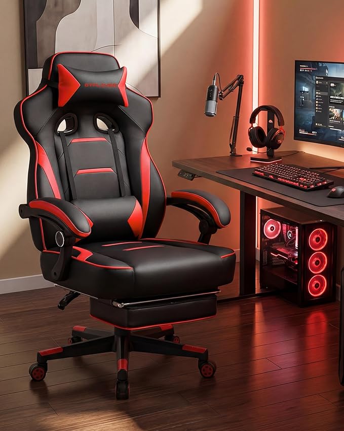 GTPLAYER Gaming Chair with Footrest Big and Tall Game Chair 350lb Racing Style Computer Chair Ergonomic Executive Office Chair High Back with Lumbar Support and Recliner Red