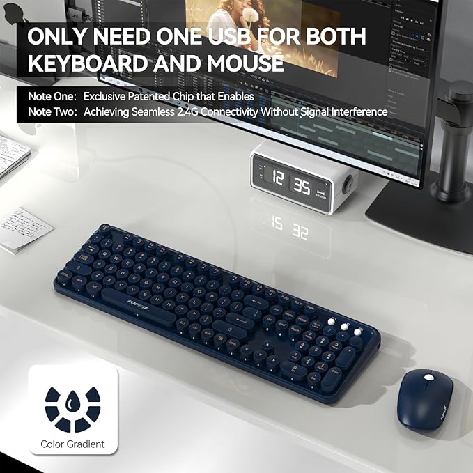 FOPETT Wireless Keyboard and Mouse Combo 104 Keys Full-Sized 2.4 GHz Round Keycap Colorful Keyboards USB Receiver Plug and Play for Windows Mac PC Laptop Desktop (DarkBlue)