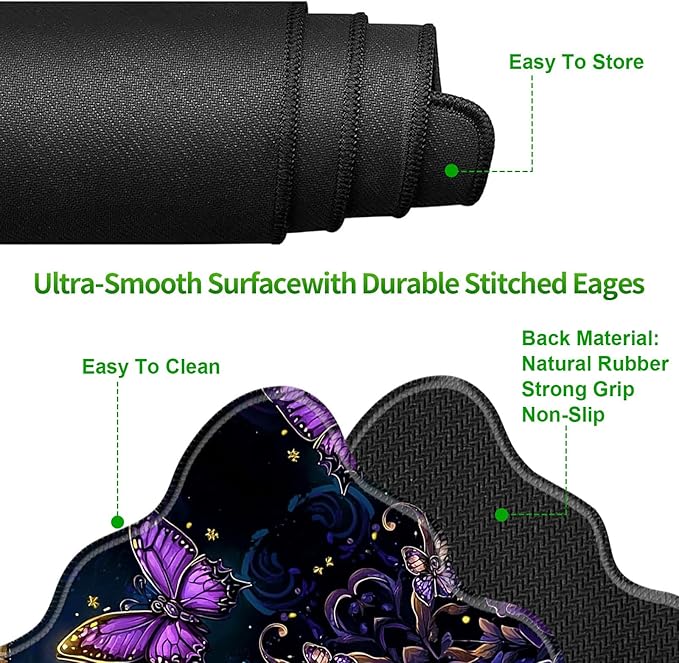 3-Piece Ergonomic Desk Mat &amp Cloud Wrist Rest Set Large 31.5 x 11.8 Wave Office Desk Pad with Memory Foam Support Non-Slip Computer Protector for Home Gaming Purple Butterfly Cross