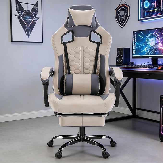 Computer Chair Gaming Gaming Chair with Massager Ergonomic High Back Racing Style Chair with Padded Armrests and Headrest for Long Sessions Work Game (Grey)