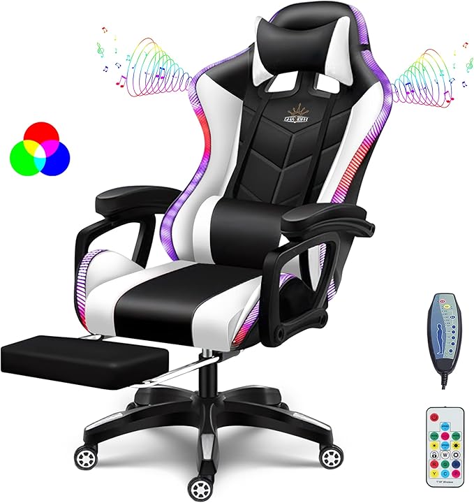 RGB Gaming Chair with Speakers Ergonomic Massage Computer Chair with Footrest Lumbar Support Headrest PU Leather 360°Swivel Recliner Chair High Back Video Game Chair for Adult TeensWhite