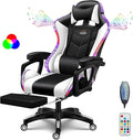 RGB Gaming Chair with Speakers Ergonomic Massage Computer Chair with Footrest Lumbar Support Headrest PU Leather 360°Swivel Recliner Chair High Back Video Game Chair for Adult TeensWhite