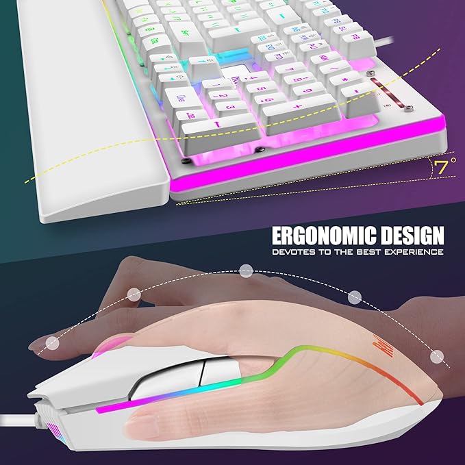 RedThunder K10 Wired Gaming Keyboard and Mouse and Wrist Rest Combo RGB Backlit Mechanical Feel Anti-ghosting Keyboard + 7D 7200 DPI Mice+Soft Leather Wrist Rest 3 in 1 PC Gamer Accessories(White)