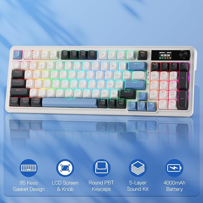 Redragon K719 Wireless Gasket Gaming Keyboard w/Hype Screen &amp Knob 95 Keys Mechanical Keyboard Easy-Control 1.14’’ TFT Info Display 5-Layer Noise Dampener Round PBT Keycaps Mint Mambo Switch