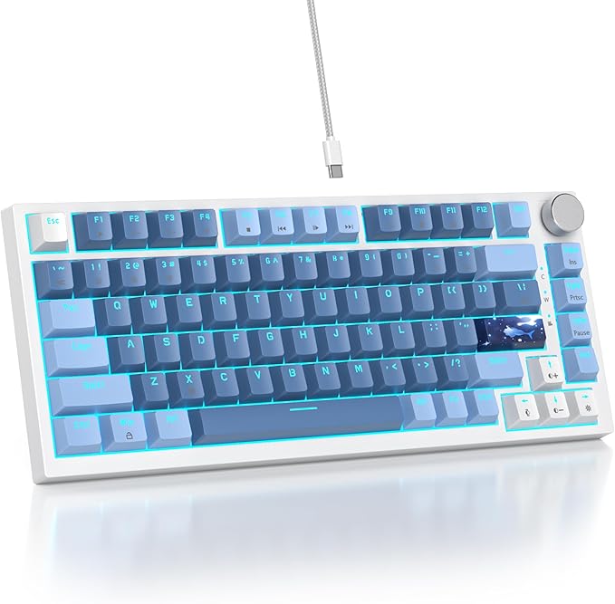 75% TKL Wired Mechanical KeyboardRGB Backlit Gasket Mount 82 Key Hot Swappable Custom Linear Red Switch Gaming Keyboard with Volume Knob &amp PBT Keycaps (82 Sea Fog Blue)