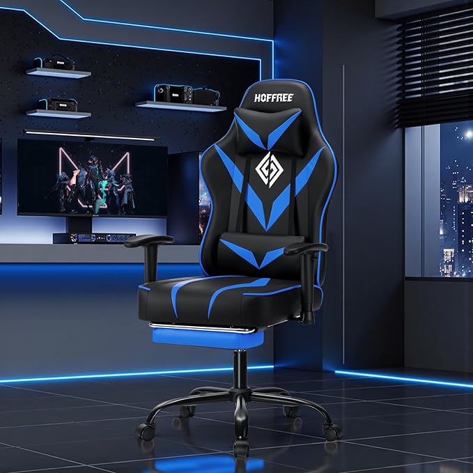 Gaming Chair with Massage Pocket Spring Cushion 155° Reclining Gaming Chair with Footrest and Adjustable Armrests Ergonomic Video Game Chairs Blue and Black