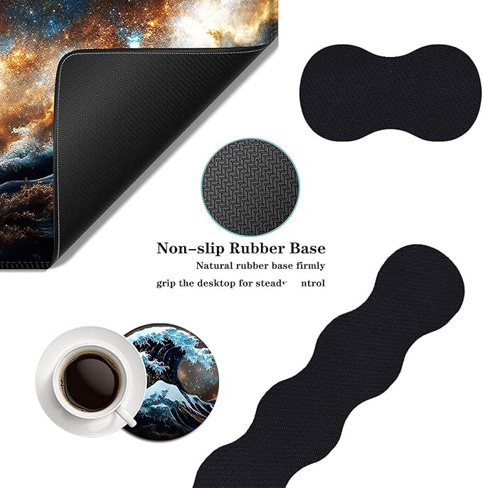 Mouse PadLarge Desk Mat Set 4in1 XL Mousepad + Keyboard Wrist Rest+Mouse Wrist Rest+Coaster with Ergonomic Desk Pad for Home Office Table Computer Cover -Starry Night Great Wave