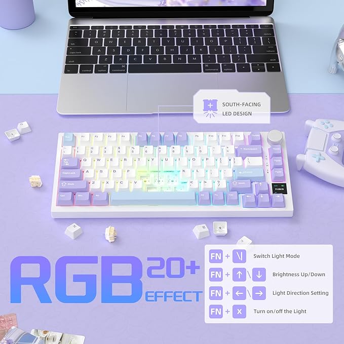 Attack Shark ajazz AK820 Pro Wireless Mechanical Gaming Keyboard TFT Display &ampKnob Hot Swappable Bluetooth 5.1/2.4G hz/Type-C Gasket-Mounted RGB Backlit Custom Keyboard for PC/Win(Purple/Gift Swit