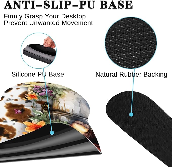 Arttown Highland Cow Flower Desk Mat Leaves Cartoon Print Mouse Pad Set 4 in 1 Ergonomic Design Large Mousepad + Keyboard Wrist Rest + Mouse Wrist Rest + Coaster Suitable for Home Office Study Game