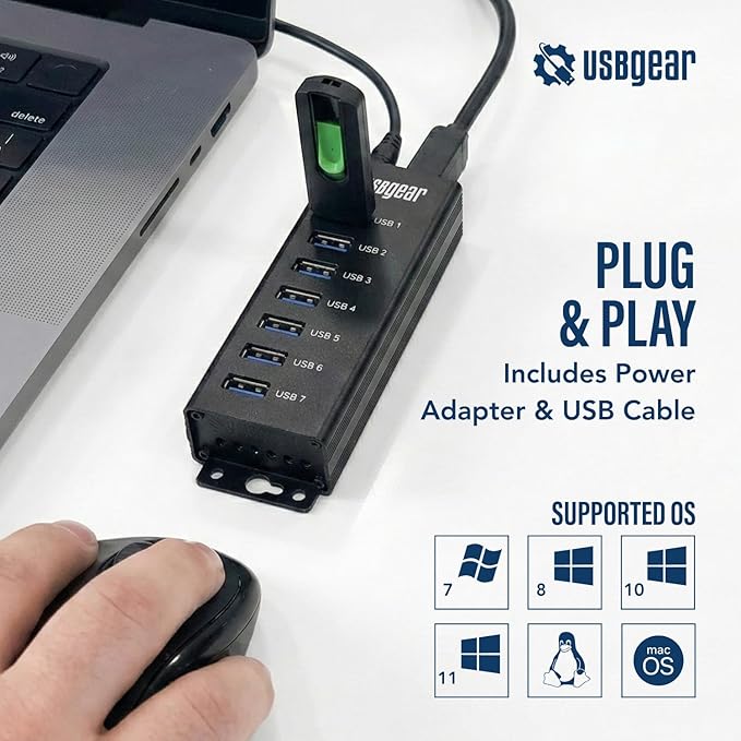 USBGear 7-Port USB Hub 3.2 Gen 1 – Mountable SuperSpeed Data Hub with USB Ports for Laptop PC Desktop and More 5V/4A Power Adapter with Type-A to Type-B Cable (3ft) Computer Accessories