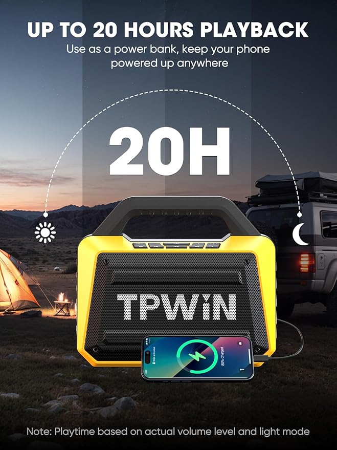 Portable Bluetooth Speakers - Wireless Jobsite Speaker 80W Peak TWS Light Shows Loud Speaker with Deep Bass BT 5.3 IPX6 Waterproof 20H Playtime for Outdoor Beach Camping Garage - Yellow
