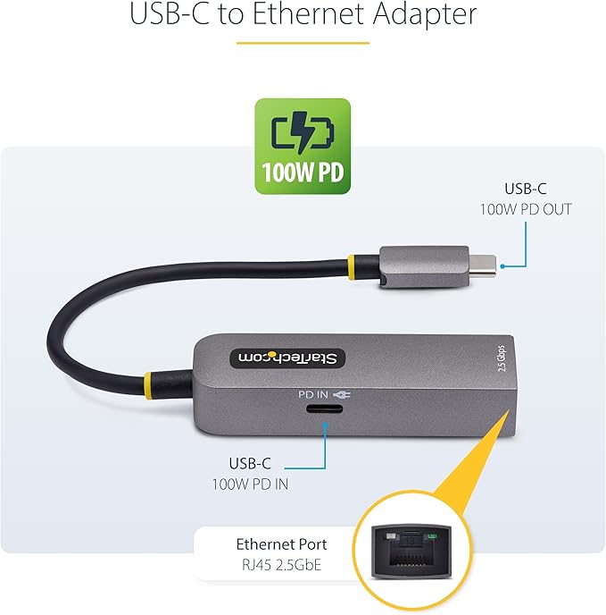 StarTech.com 2.5GbE USB-C to Ethernet Adapter 100W PD Pass-Through NBASE-T NIC USB 3.0 Type-C 2.5G Multi Speed Network