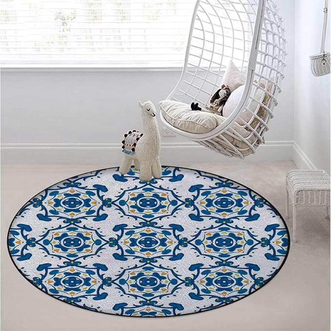 Blue Orange Yellow Gaming Chair Mat Round Floor Mats for Office Chair Computer Gaming Desk Mat for Rolling Chair Non-Slip Gaming Rug Abstract Floral Swirl Motifs Diameter 55 in