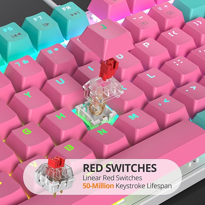 surmen Full Size Pink Creamy Keyboard with Number Pad 104 Keys RGB Wired Mechanical Gaming Keyboard Backlit with PBT Keycaps Linear Red Switch for Laptop Desktop PC Gamers（104 Miami）