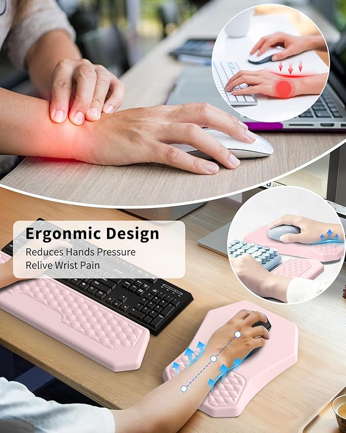 Ergonomic Mouse Pad Wrist Rest Support Massage Design Surface for Carpal Tunnel Pain Relief Memory Foam Non-Slip PU Base for Computer Desk Pink