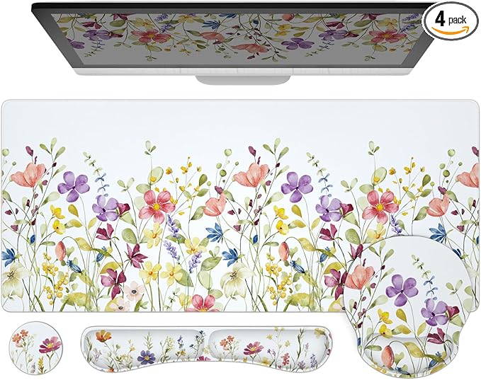Ovenbird Mouse Pad Set 4-in-1 | Large Gaming Mousepad Keyboard Wrist Rest Mouse Wrist Support Coaster | Ergonomic Office Desk Mat Accessories for Women Men | 4PCS 35.4 x 15.7in White Floral