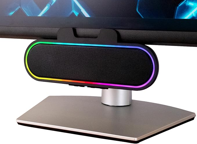 Cyber Acoustics USB Speaker Bar with LED Lights (CA-2890GX) – USB Powered Speaker Bar for PC and Mac Dynamic LED Lights Sync to Music Clamps to Monitors up to 1.5 Inches Great for Music and Gaming